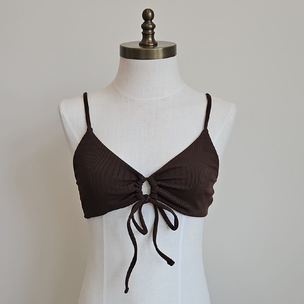 Brown Ribbed Tie-Front Bikini Top